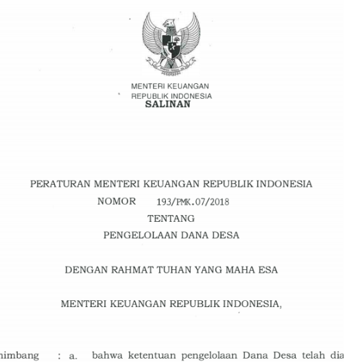 Peraturan Menteri Keuangan RI Nomor 193/PMK.07/2018
